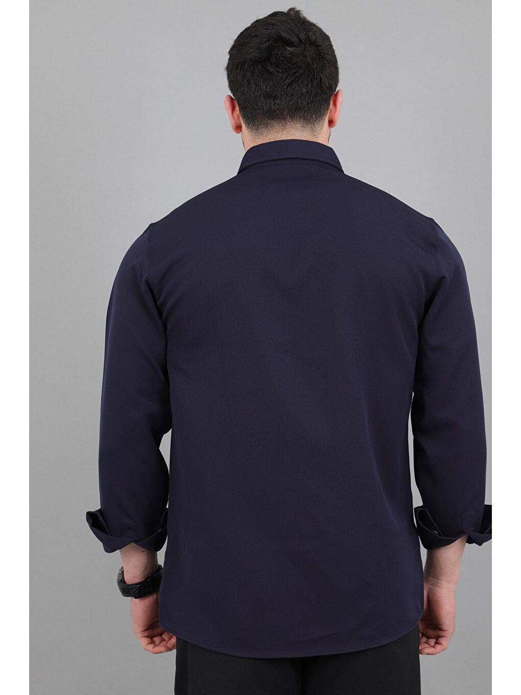 Lacivert Düğme Detay Premium Yazlık Uzun Kol Gömlek QCM 6727_40419-4