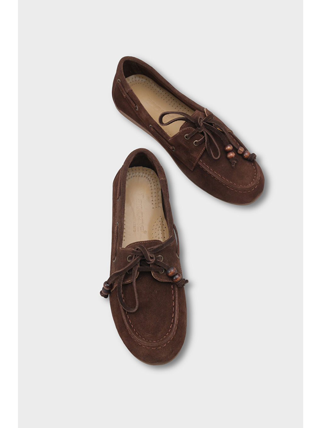 Kahverengi Vicki Hakiki Deri Süet Bağcıklı Boncuklu Konfor Kadın Loafer Tekne Ayakkabısı-1