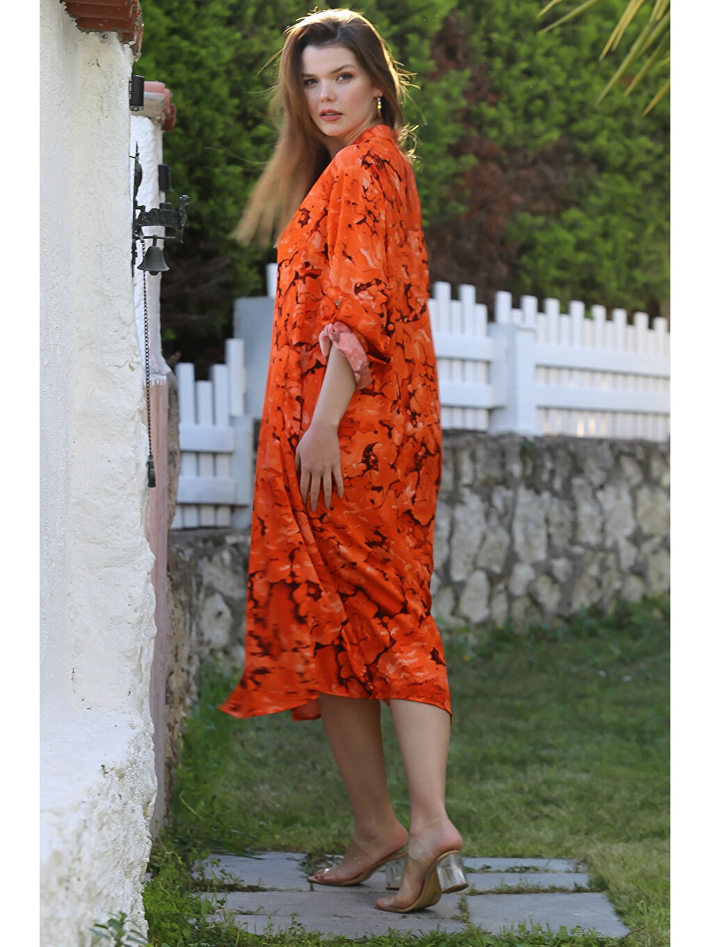 Turuncu Hakim Yaka Düğmeli Uzun Kollu Gizli Cepli Casual Viskon Dokuma Elbise 125 65-7