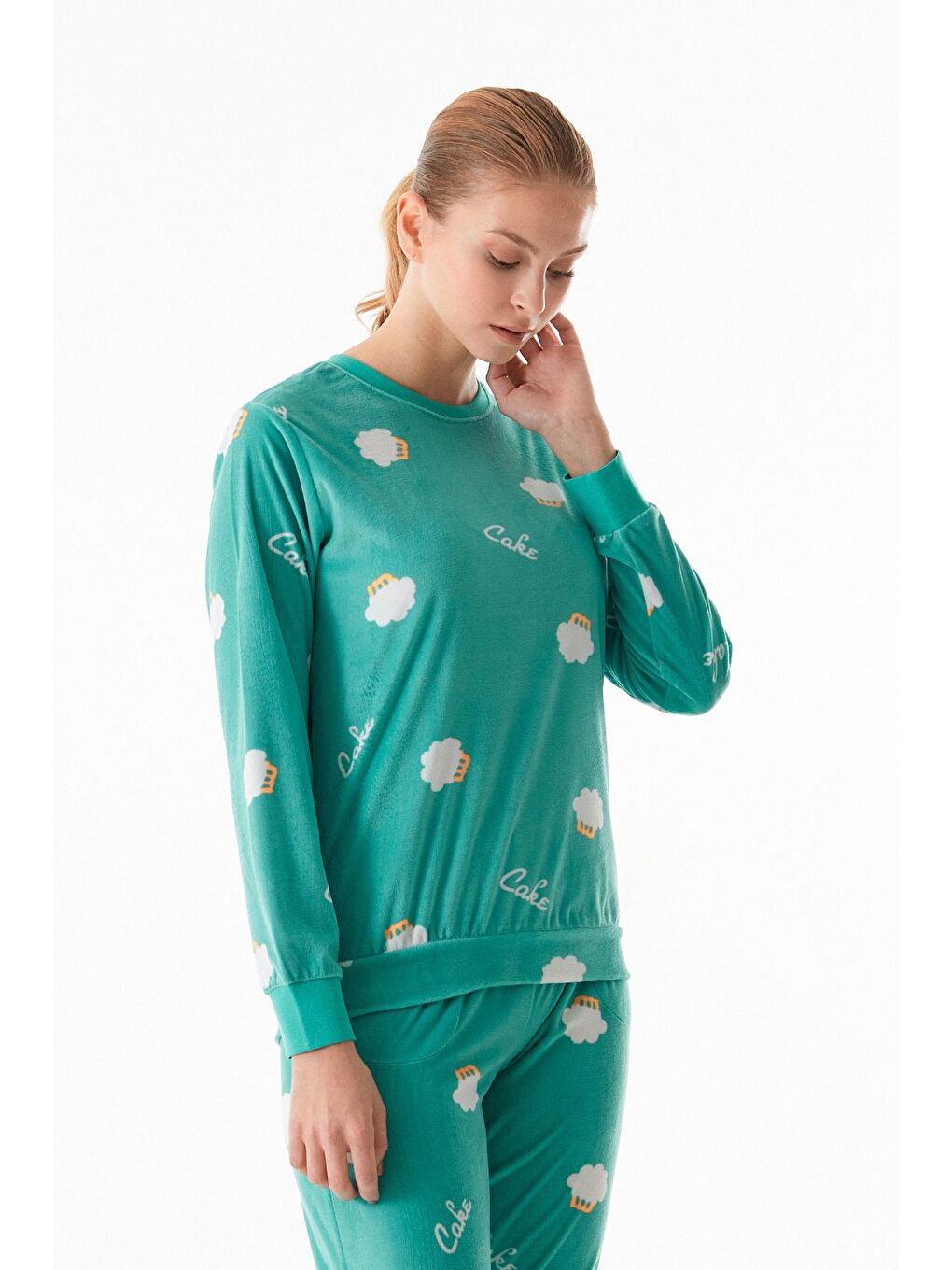 Turkuaz Cupcake Baskılı Bisiklet Yaka 2'li Kadife Pijama Takımı-4