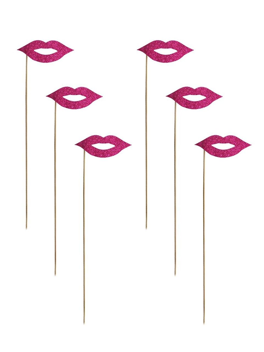 Dudak Şeklinde Simli Çubuklu Bekarlığa Veda Partisi Aksesuarı Fuşya 6'lı-1