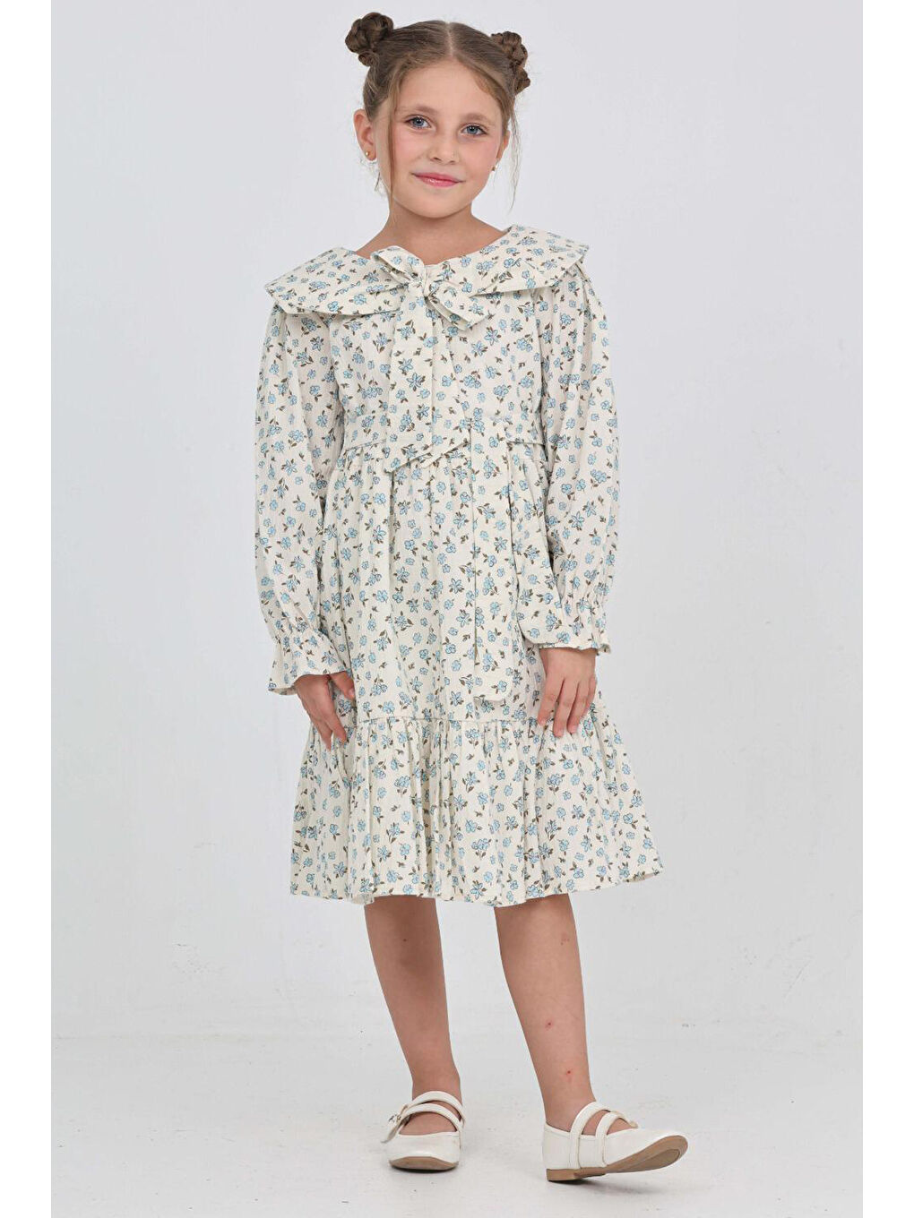 Mavi Kız Çocuk Fiyonk Yakalı Bel Kuşaklı Çiçek Desenli Kloş Etekli Elbise 12301