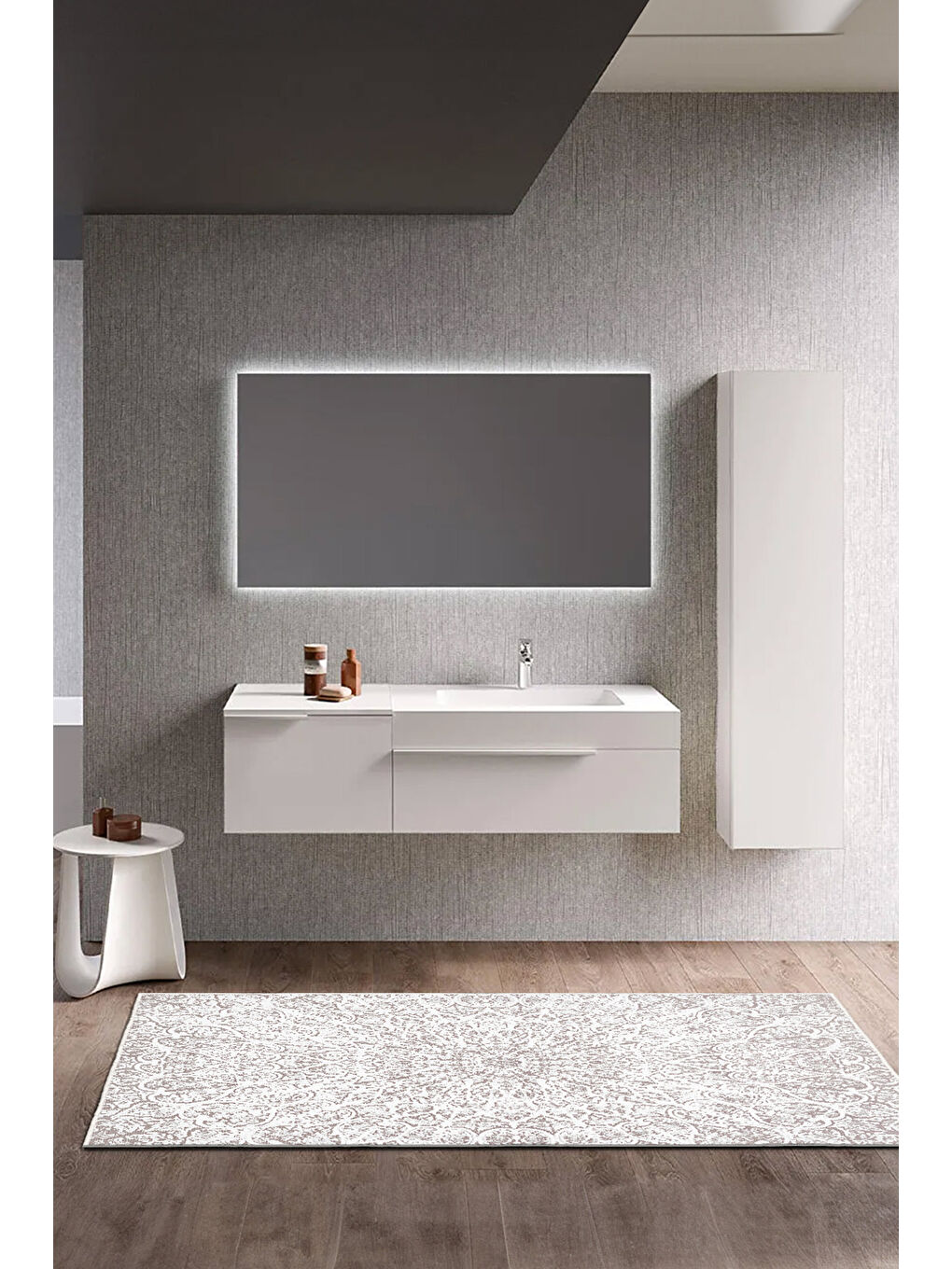 Ekru Dekoratif Özel Tasarım Yıkanabilir İnce Kaymaz Tabanlı Modern Halı KECE FR01-3