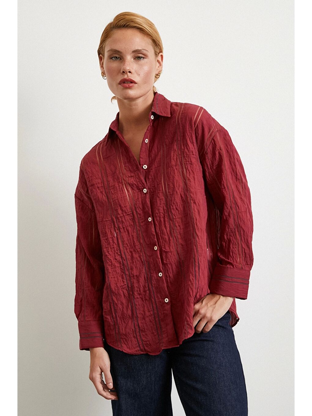 Organze Çizgili Gömlek Bordo-1