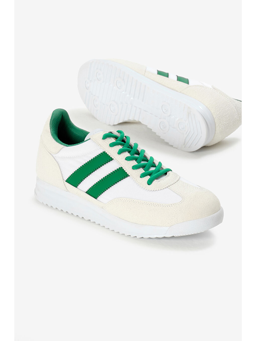 Unisex Beyaz Yeşil Termo Taban Çift Şeritli Bağcıklı Spor Ayakkabı-3