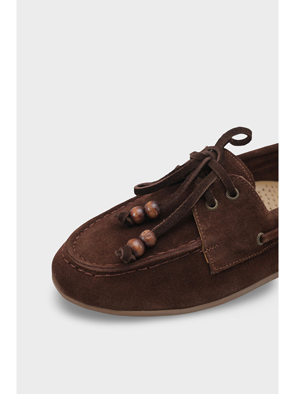 Kahverengi Vicki Hakiki Deri Süet Bağcıklı Boncuklu Konfor Kadın Loafer Tekne Ayakkabısı-3