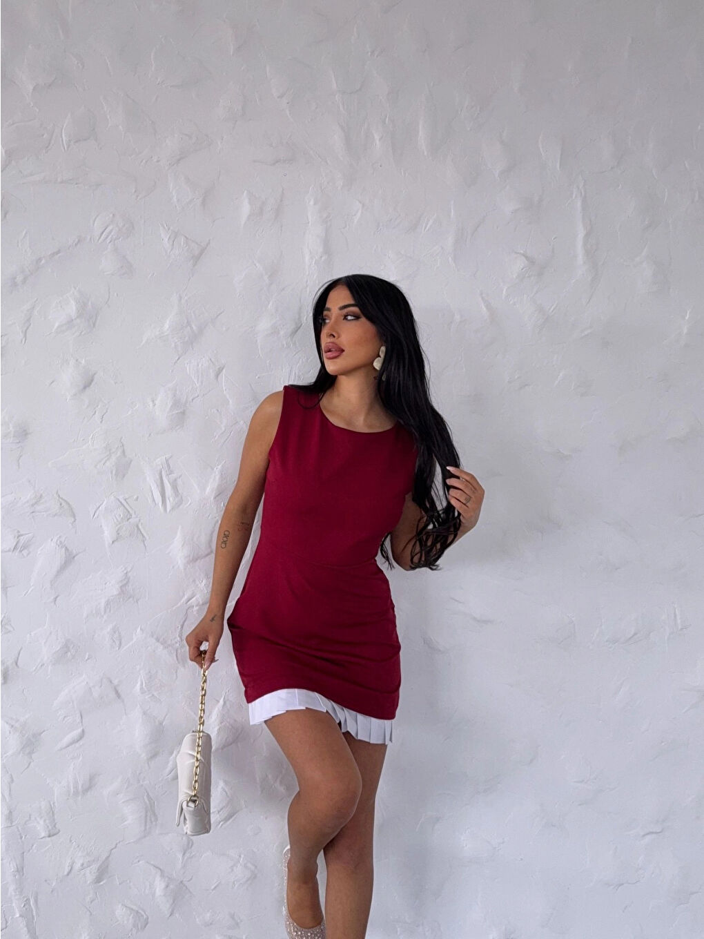 Kadın Bordo Beyaz Pileli İthal Dooble Kumaş Kolsuz Mini Elbise HZL25S-FRY122961