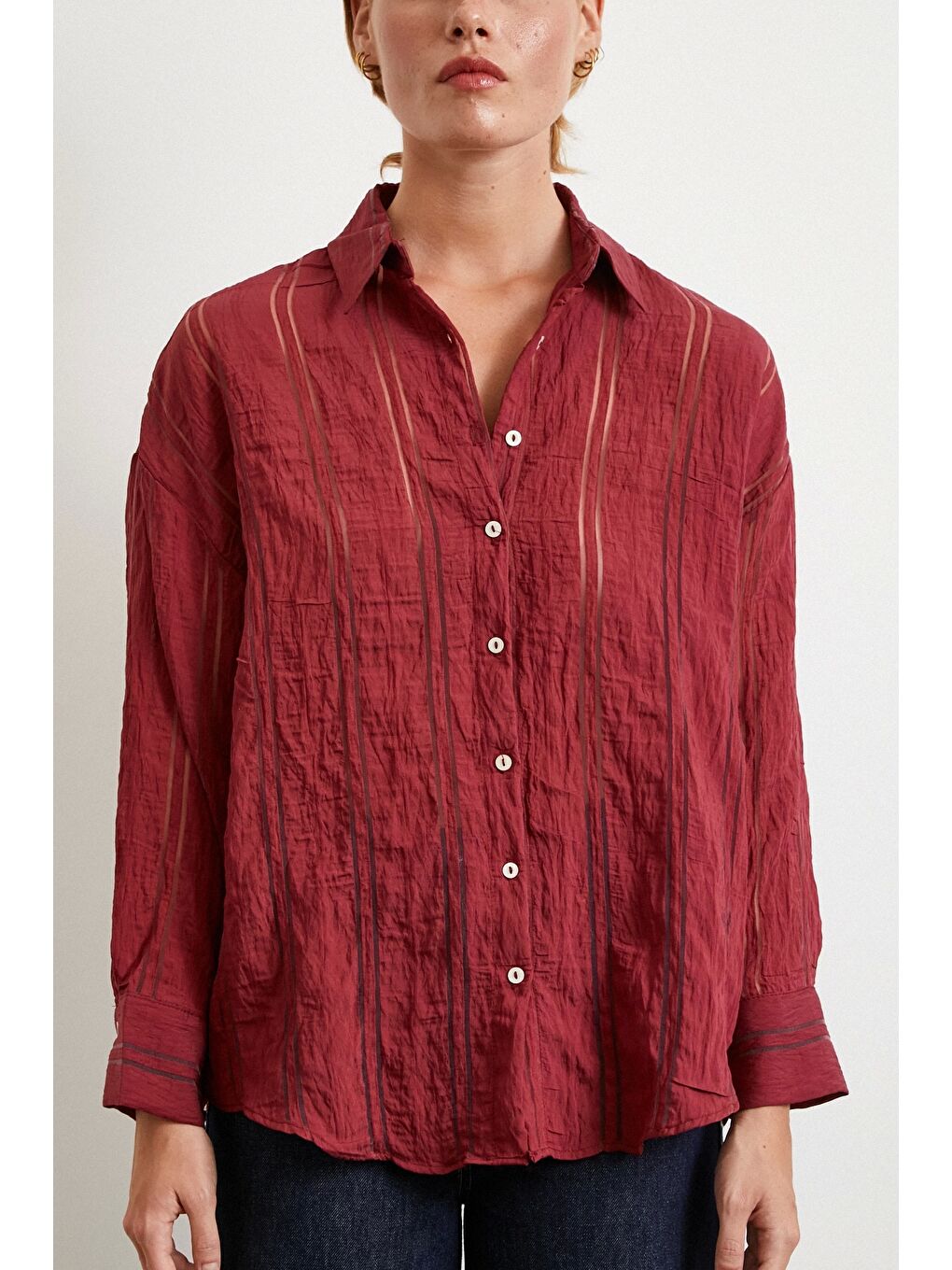 Organze Çizgili Gömlek Bordo-2