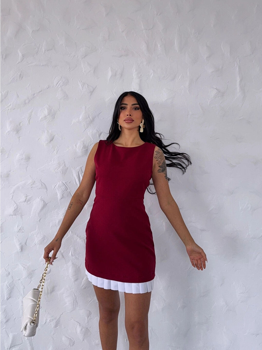 Kadın Bordo Beyaz Pileli İthal Dooble Kumaş Kolsuz Mini Elbise HZL25S-FRY122961-1