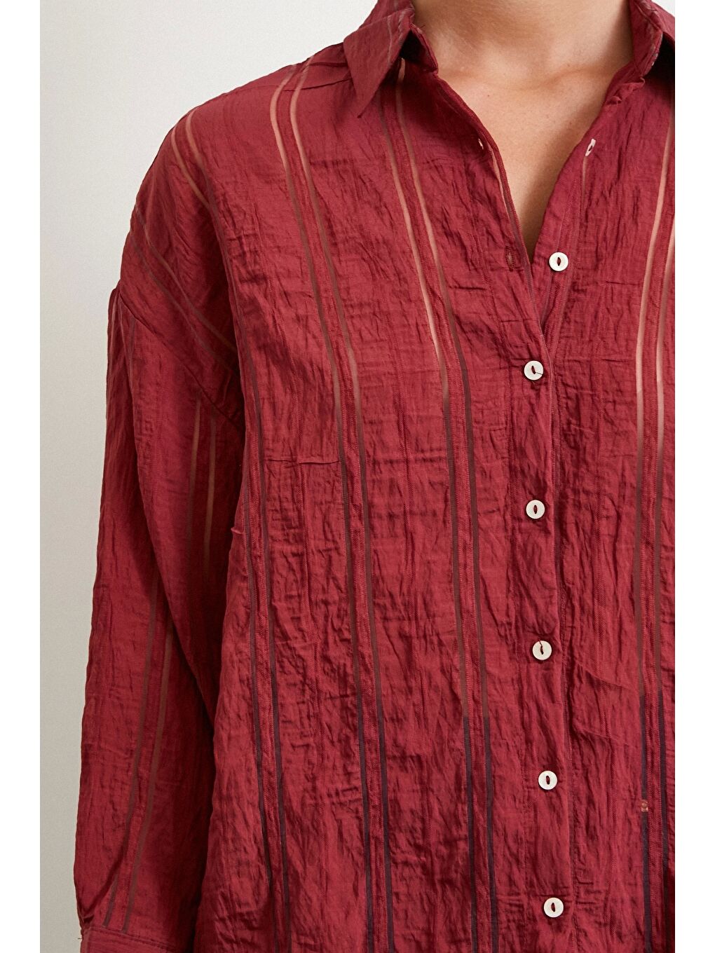 Organze Çizgili Gömlek Bordo-3