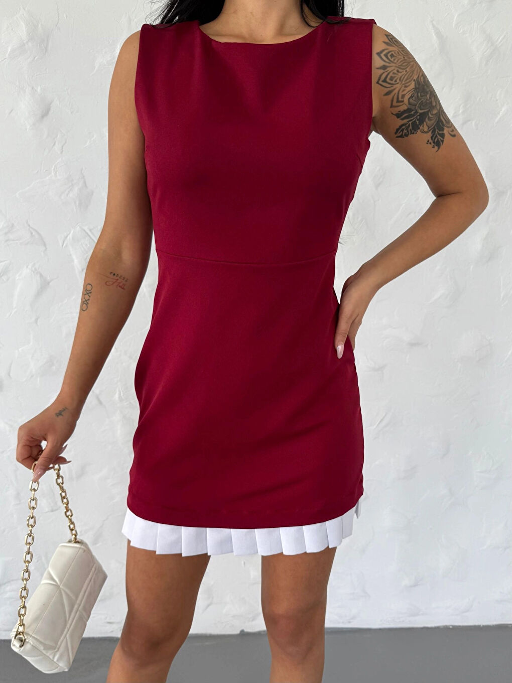 Kadın Bordo Beyaz Pileli İthal Dooble Kumaş Kolsuz Mini Elbise HZL25S-FRY122961-3