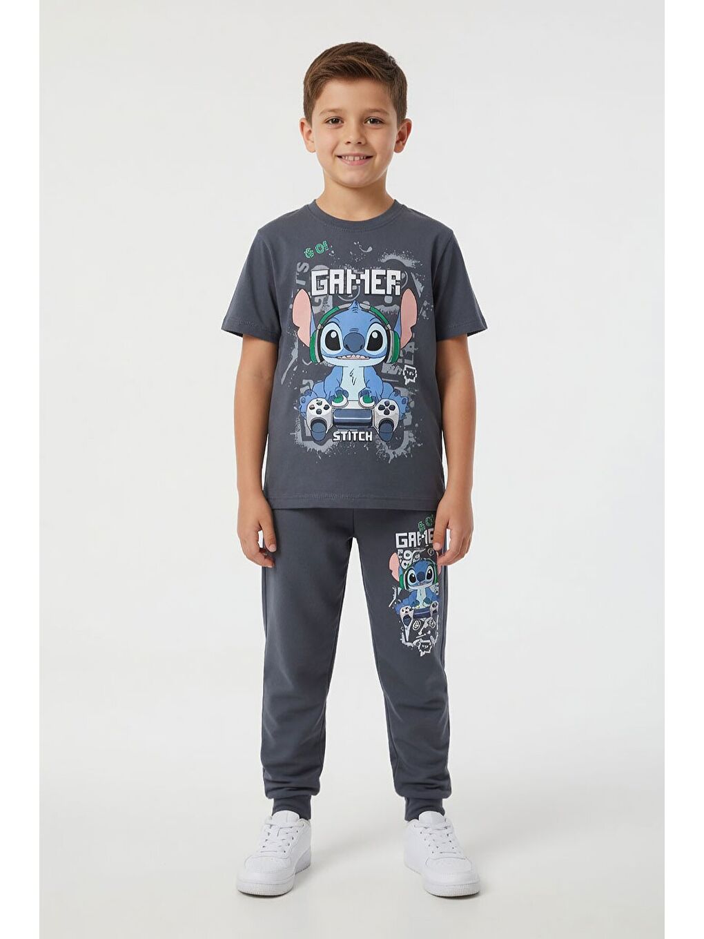 Gri Gamer Karakter Baskılı Tişörtlü Erkek Çocuk Eşofman Takımı 23876