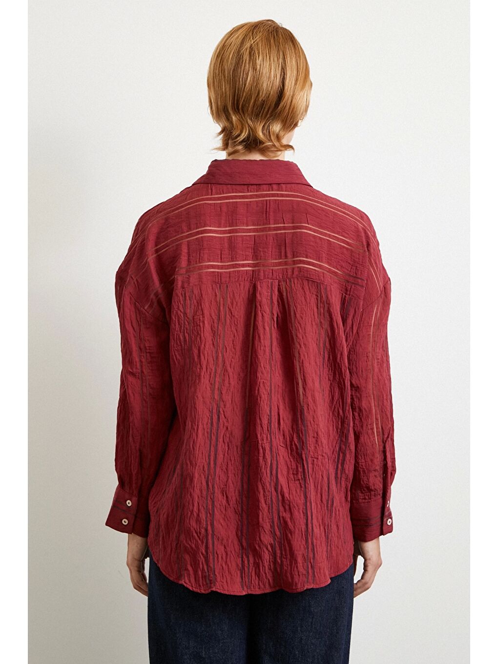 Organze Çizgili Gömlek Bordo-4