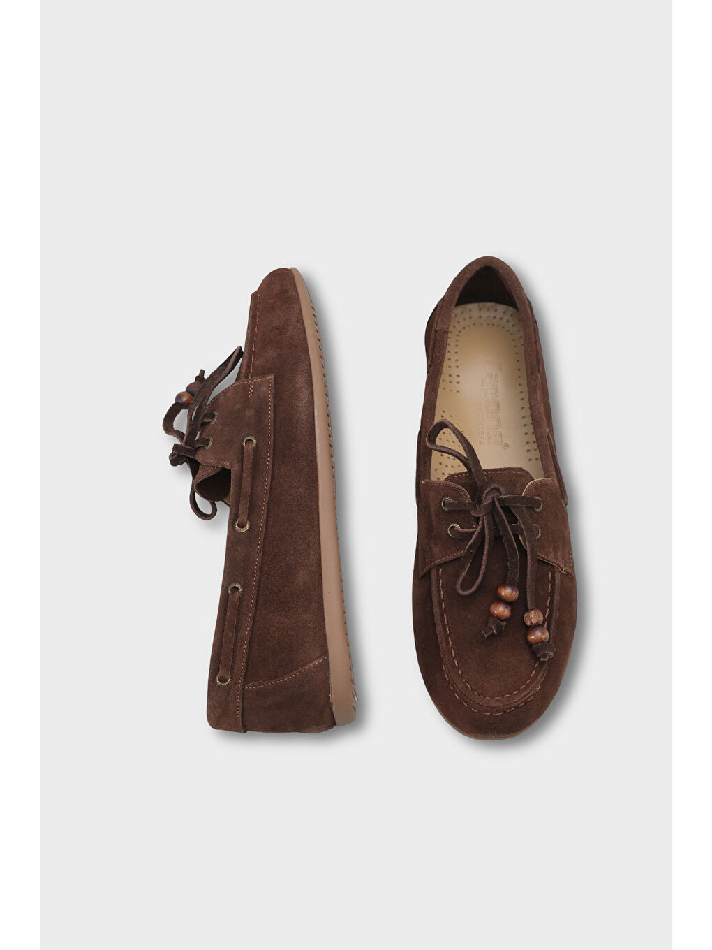 Kahverengi Vicki Hakiki Deri Süet Bağcıklı Boncuklu Konfor Kadın Loafer Tekne Ayakkabısı-4