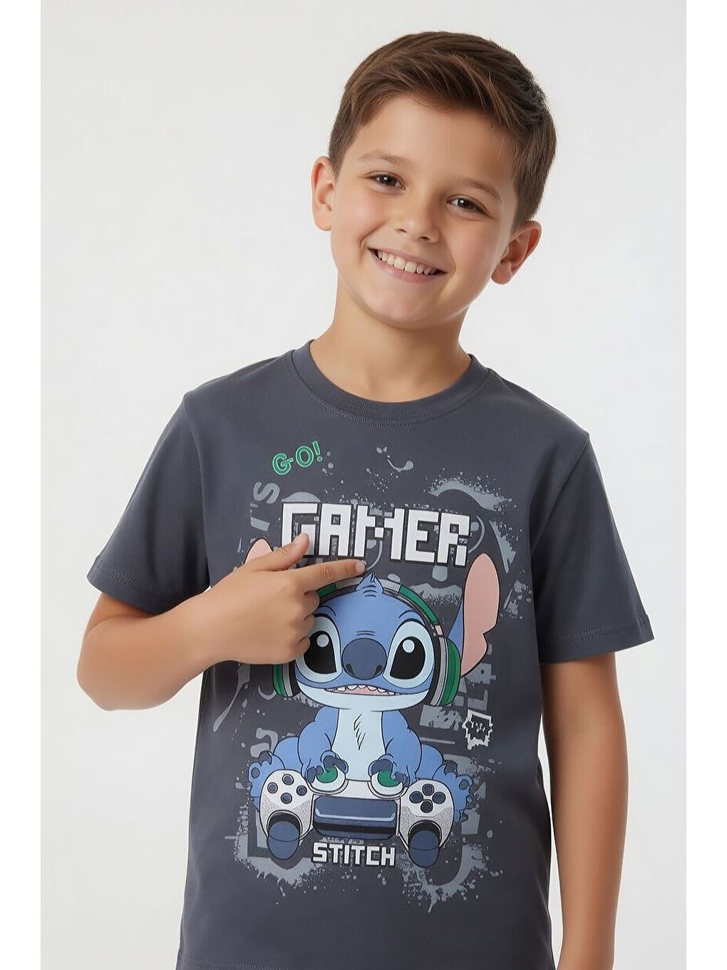 Gri Gamer Karakter Baskılı Tişörtlü Erkek Çocuk Eşofman Takımı 23876-1