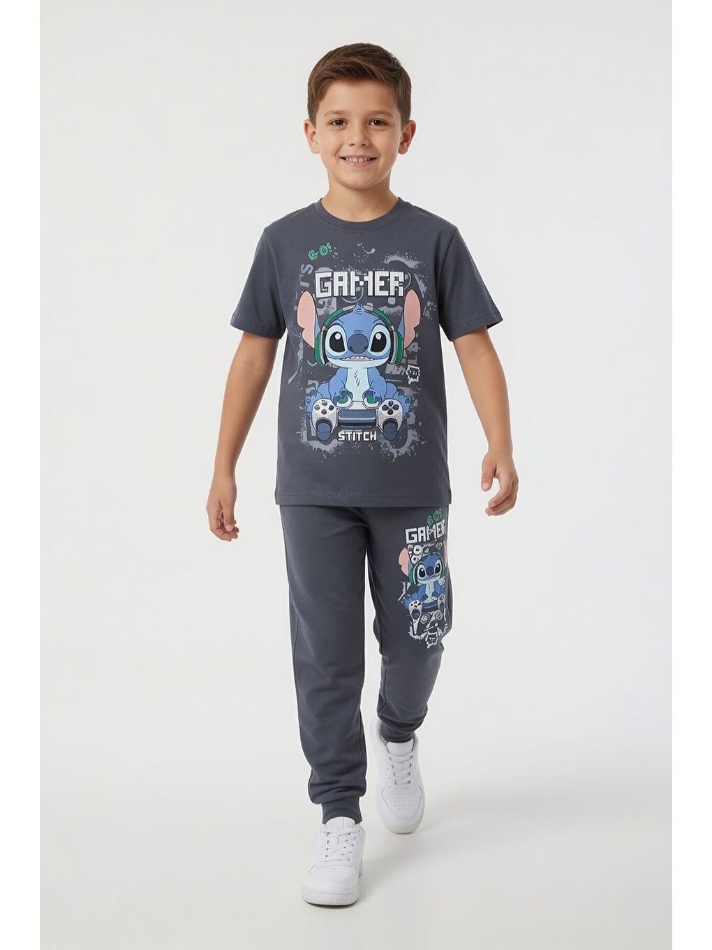 Gri Gamer Karakter Baskılı Tişörtlü Erkek Çocuk Eşofman Takımı 23876-2