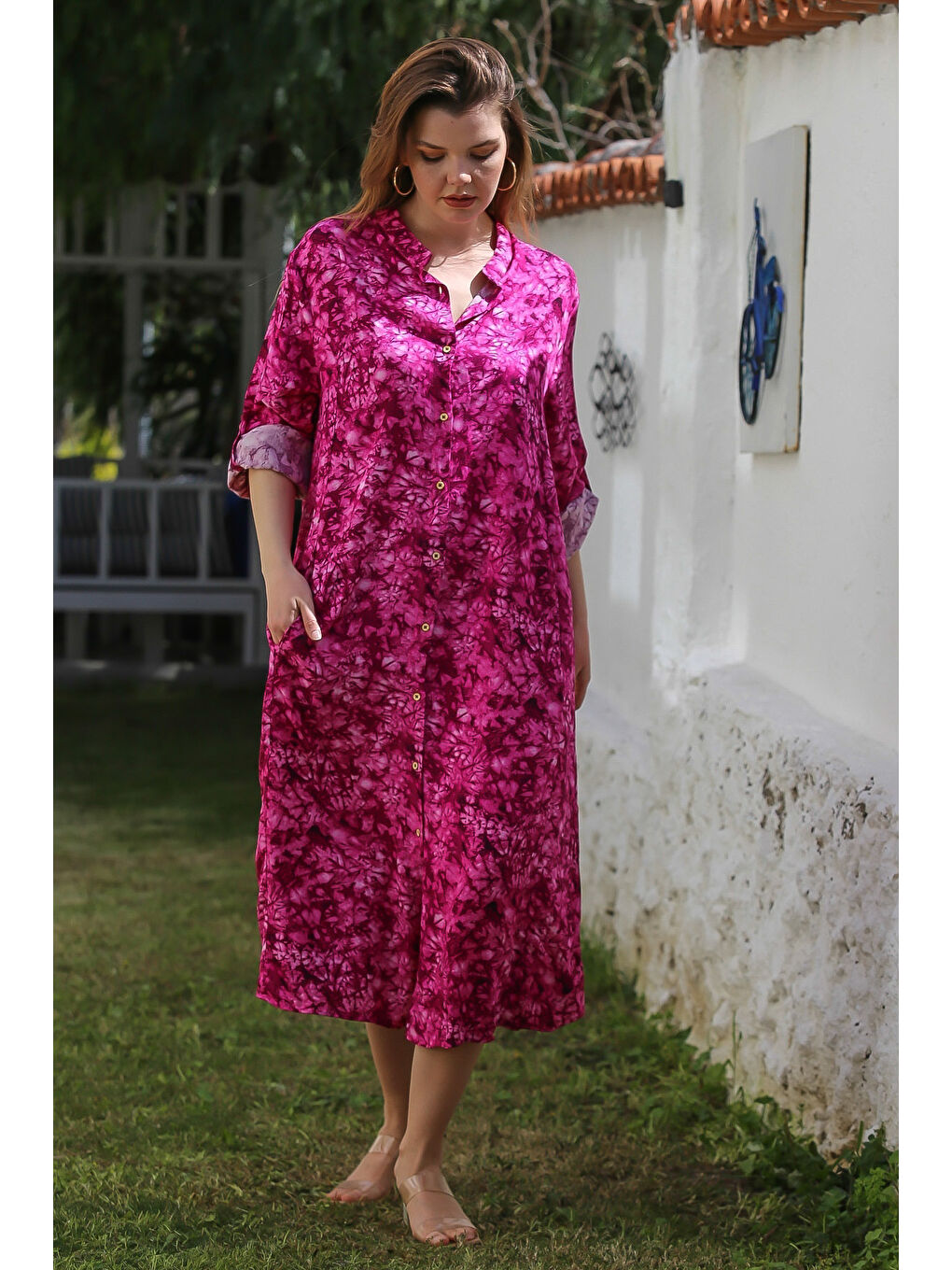 Fuşya Hakim Yaka Düğmeli Uzun Kollu Gizli Cepli Casual Viskon Dokuma Elbise 125 65-2