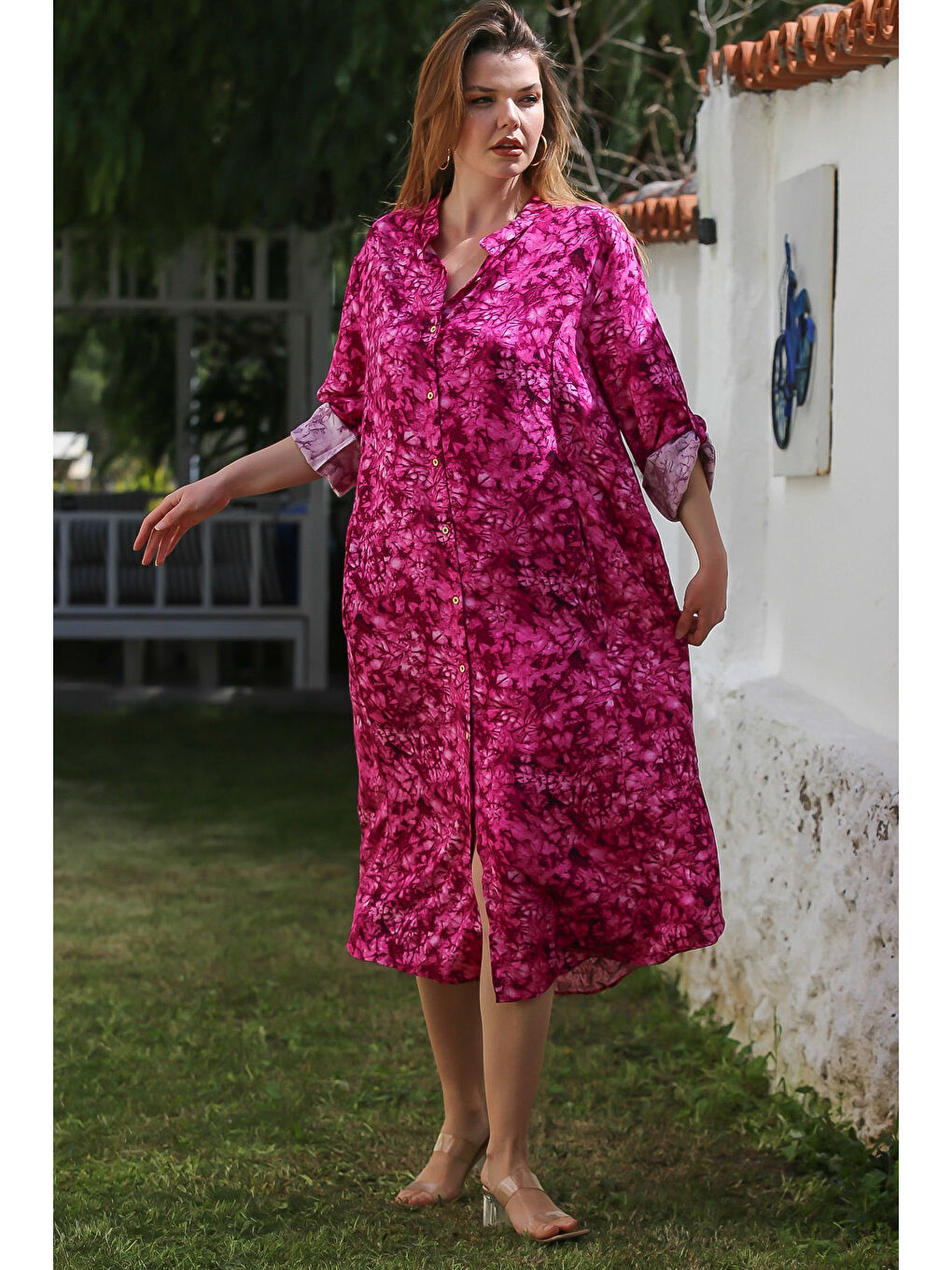 Fuşya Hakim Yaka Düğmeli Uzun Kollu Gizli Cepli Casual Viskon Dokuma Elbise 125 65-3