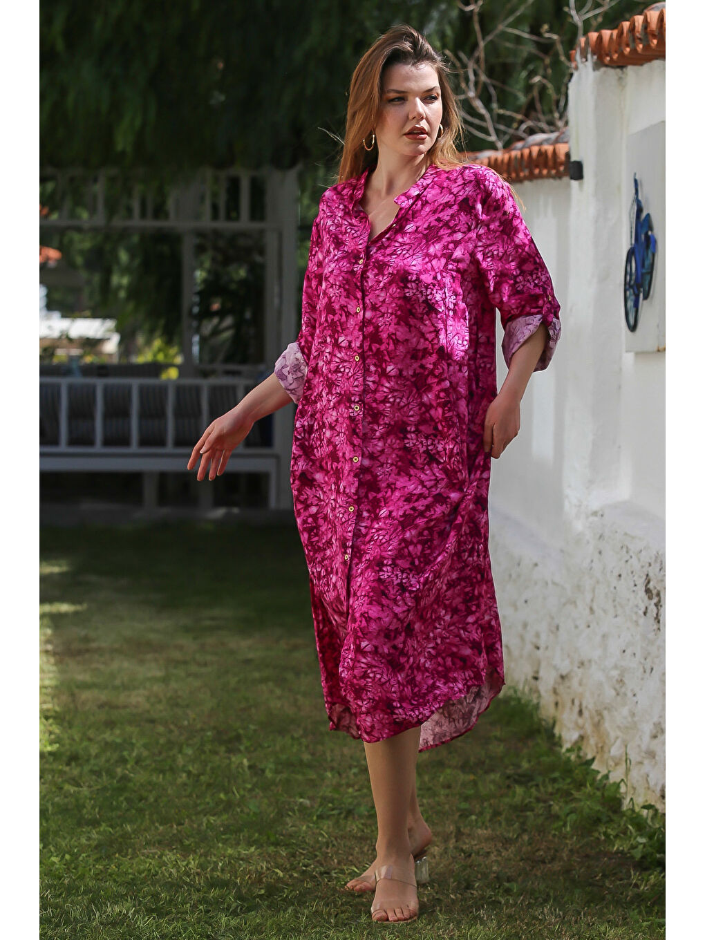 Fuşya Hakim Yaka Düğmeli Uzun Kollu Gizli Cepli Casual Viskon Dokuma Elbise 125 65-4