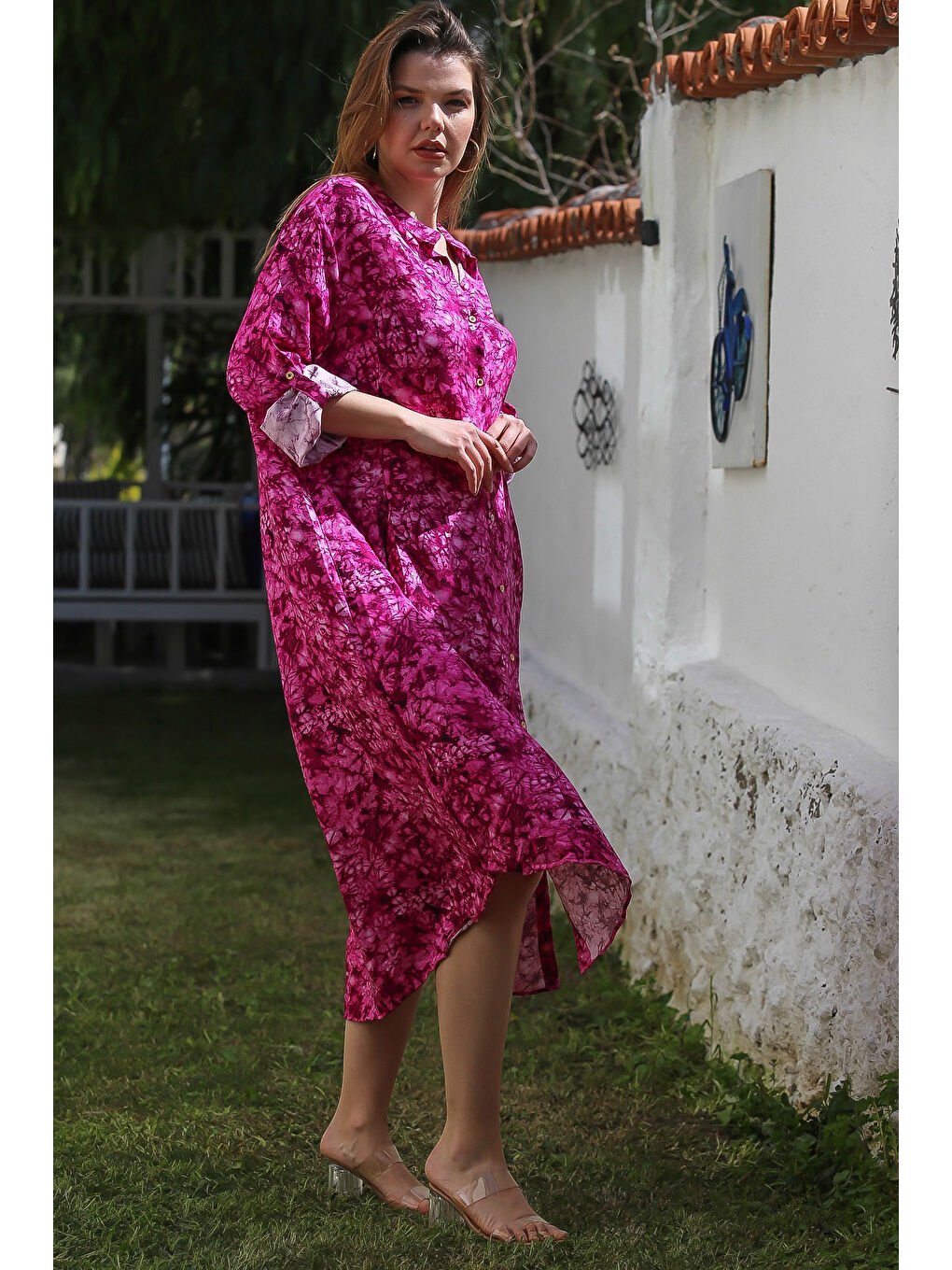 Fuşya Hakim Yaka Düğmeli Uzun Kollu Gizli Cepli Casual Viskon Dokuma Elbise 125 65-5