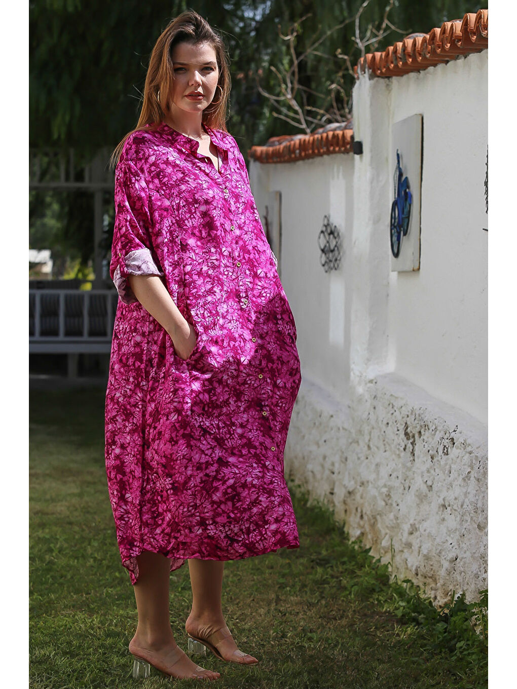 Fuşya Hakim Yaka Düğmeli Uzun Kollu Gizli Cepli Casual Viskon Dokuma Elbise 125 65-6