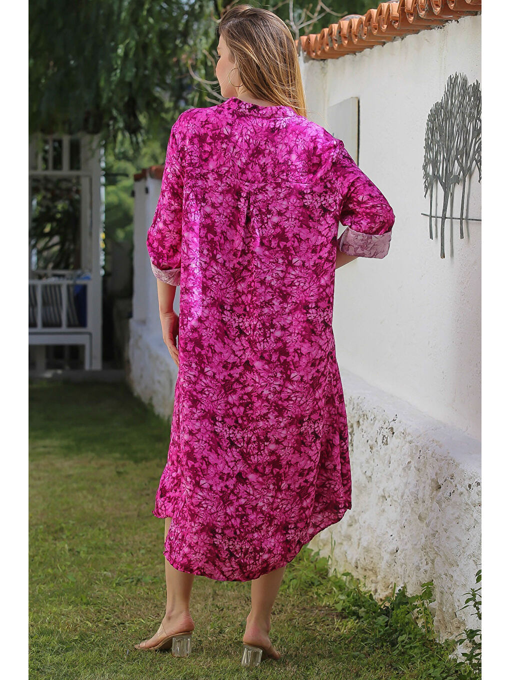 Fuşya Hakim Yaka Düğmeli Uzun Kollu Gizli Cepli Casual Viskon Dokuma Elbise 125 65-7