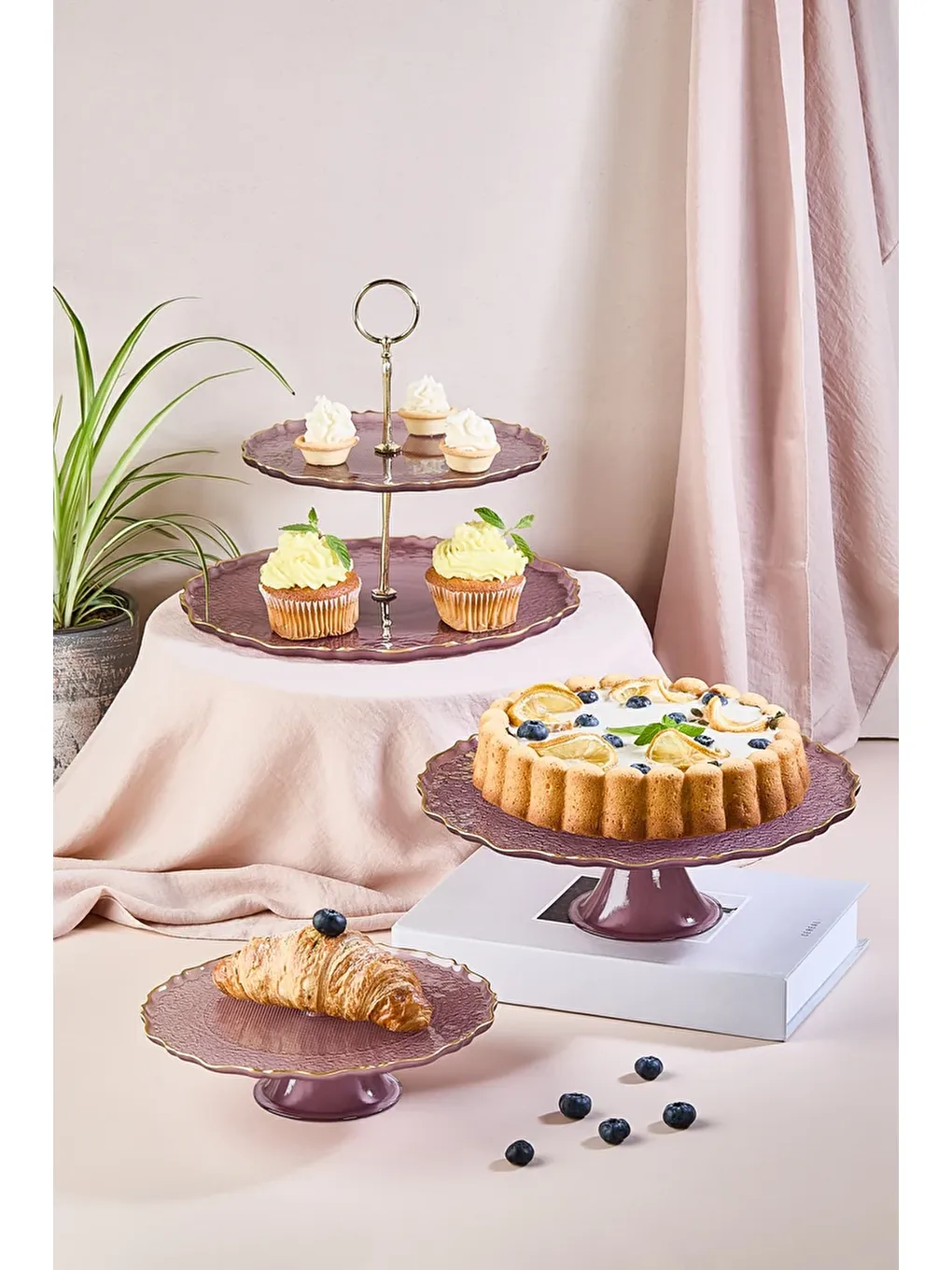 Goblen Mürdüm Renk 5 Parça Pasta/Tatlı Sunum ve Servis Seti-1