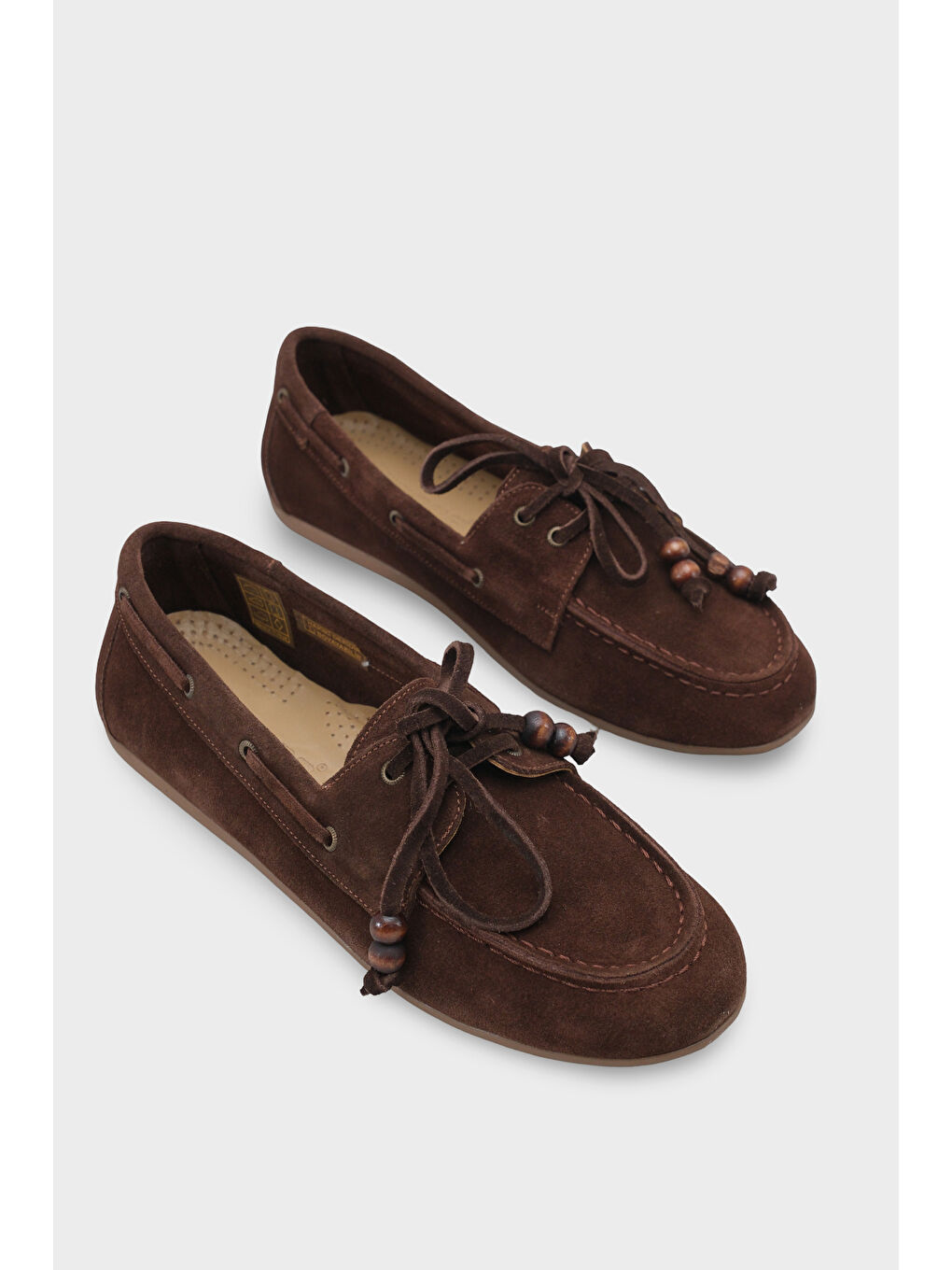 Kahverengi Vicki Hakiki Deri Süet Bağcıklı Boncuklu Konfor Kadın Loafer Tekne Ayakkabısı-5