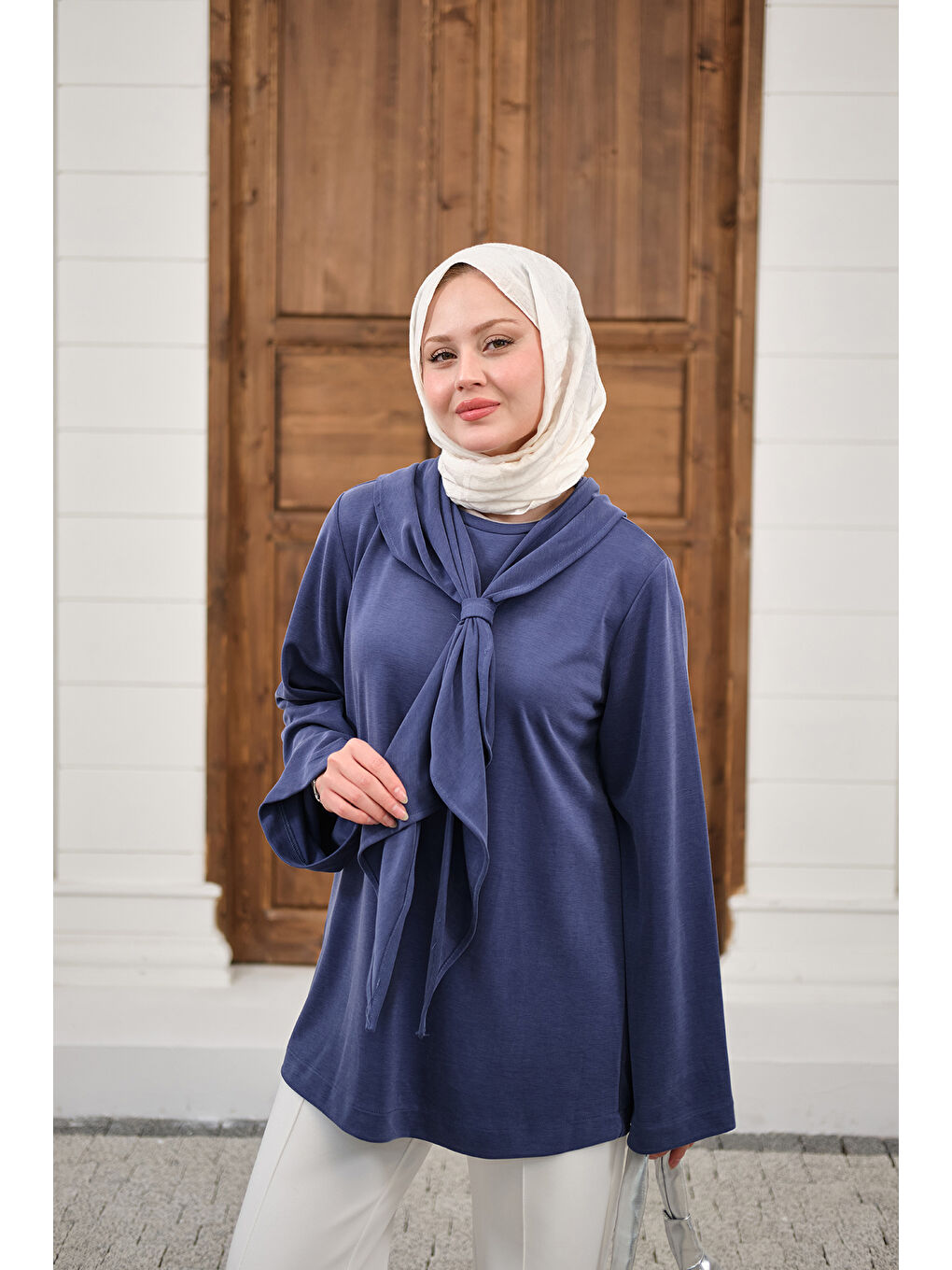 Kadın Yaka Pelerin Bağlamalı Bisiklet Yaka Tunik Lacivert-1