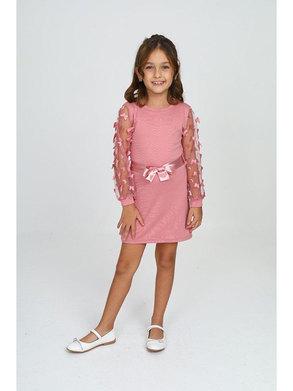 Pembe Belden Bağlamalı Tül Detaylı Çocuk Elbise Mykids Collection
