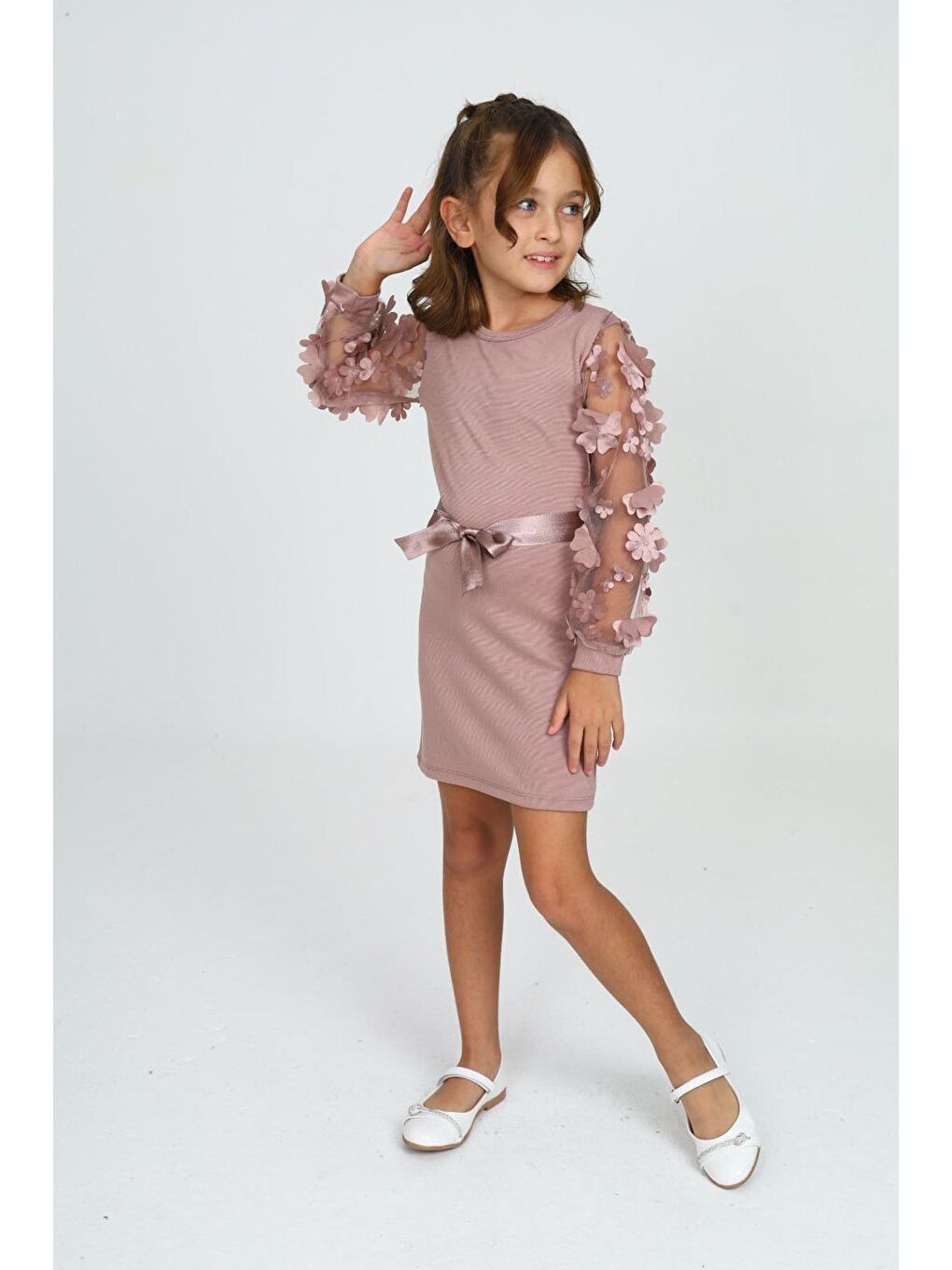 Pembe Belden Bağlamalı Tül Detaylı Çocuk Elbise Mykids Collection-1