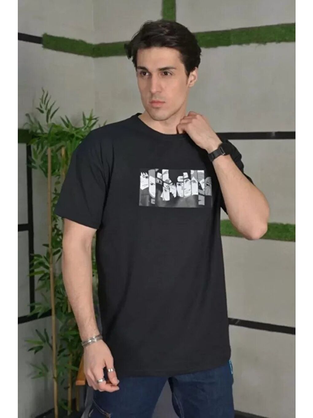 Unisex Bisiklet Yaka Baskılı Oversize T-Shirt - Siyah