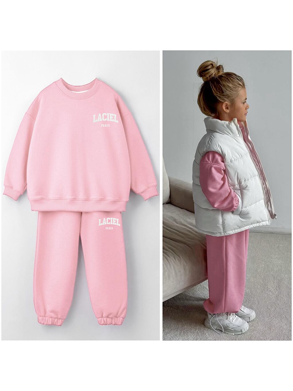 Kız Çocuk Pamuklu Pembe Sweatshirt Eşofman Alt-Üst Takım-2