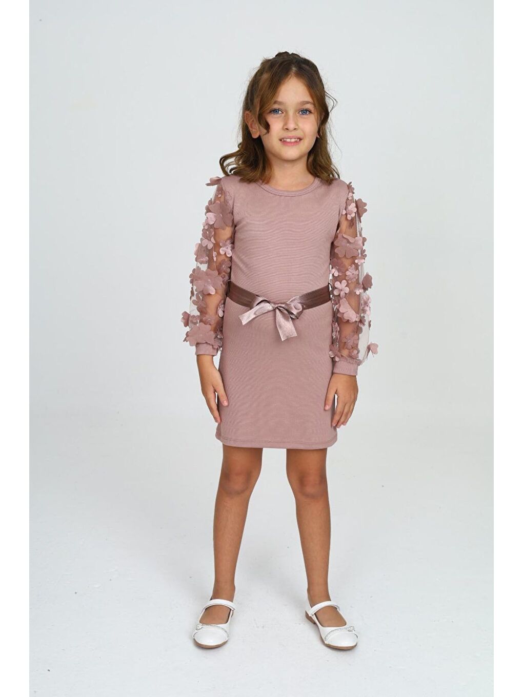 Pembe Belden Bağlamalı Tül Detaylı Çocuk Elbise Mykids Collection-2