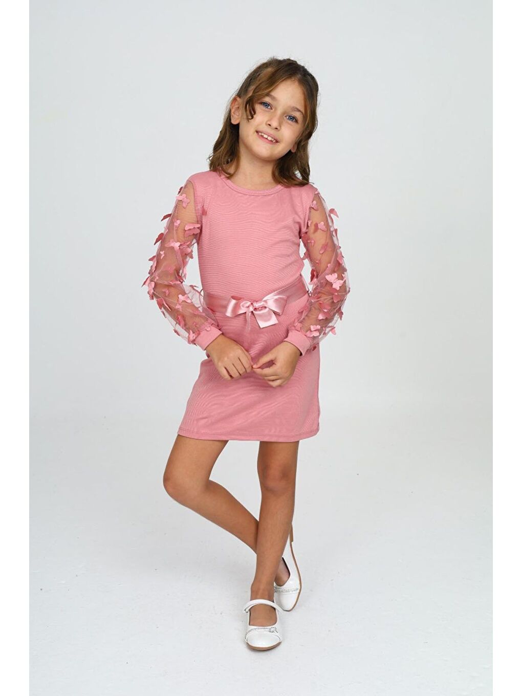Pembe Belden Bağlamalı Tül Detaylı Çocuk Elbise Mykids Collection-1