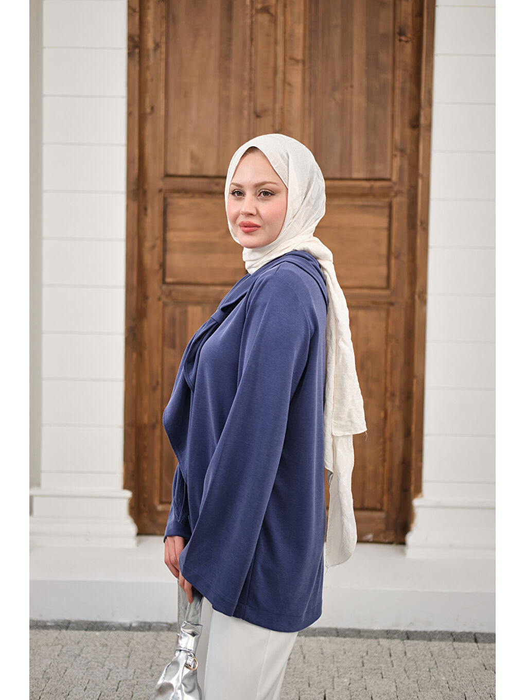 Kadın Yaka Pelerin Bağlamalı Bisiklet Yaka Tunik Lacivert-2