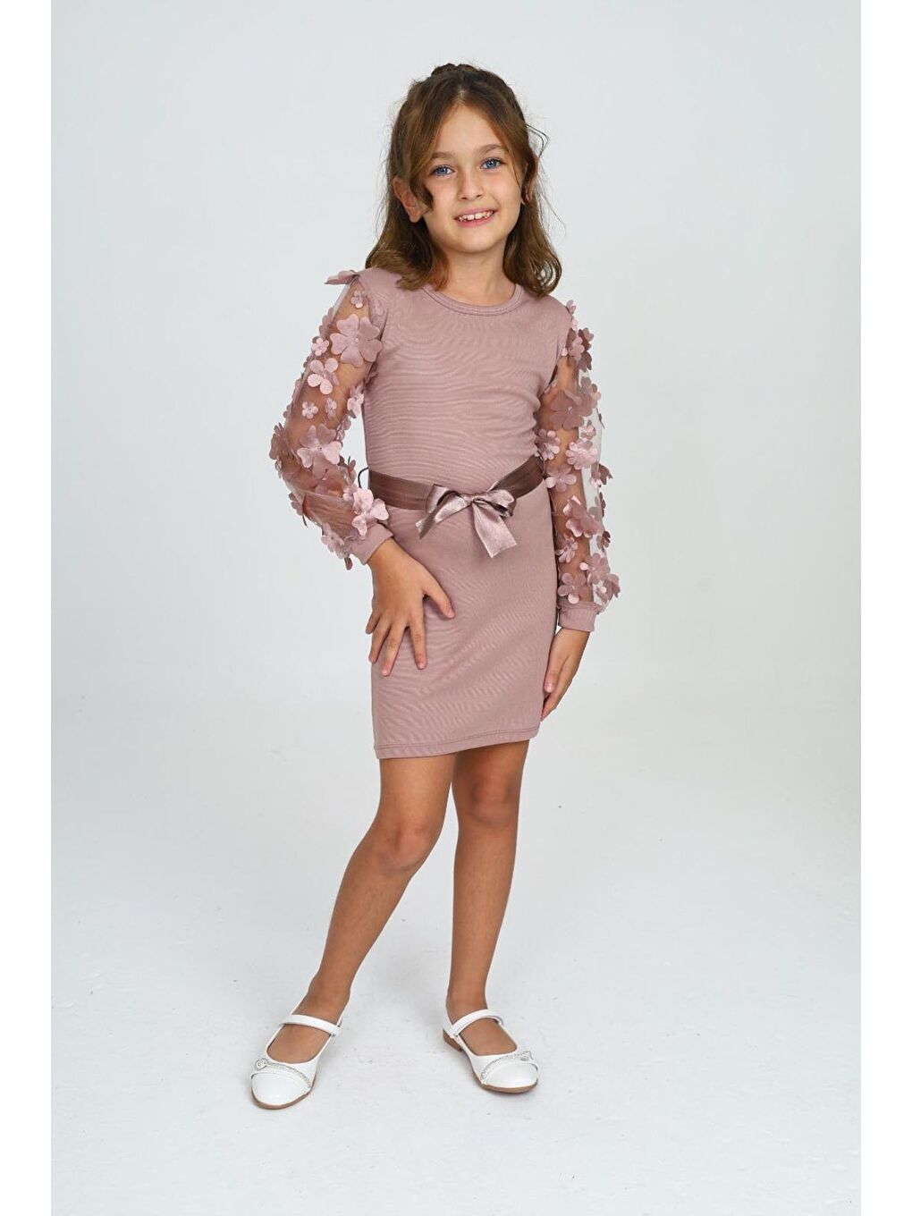 Pembe Belden Bağlamalı Tül Detaylı Çocuk Elbise Mykids Collection-3