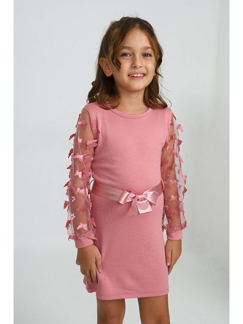 Pembe Belden Bağlamalı Tül Detaylı Çocuk Elbise Mykids Collection-2
