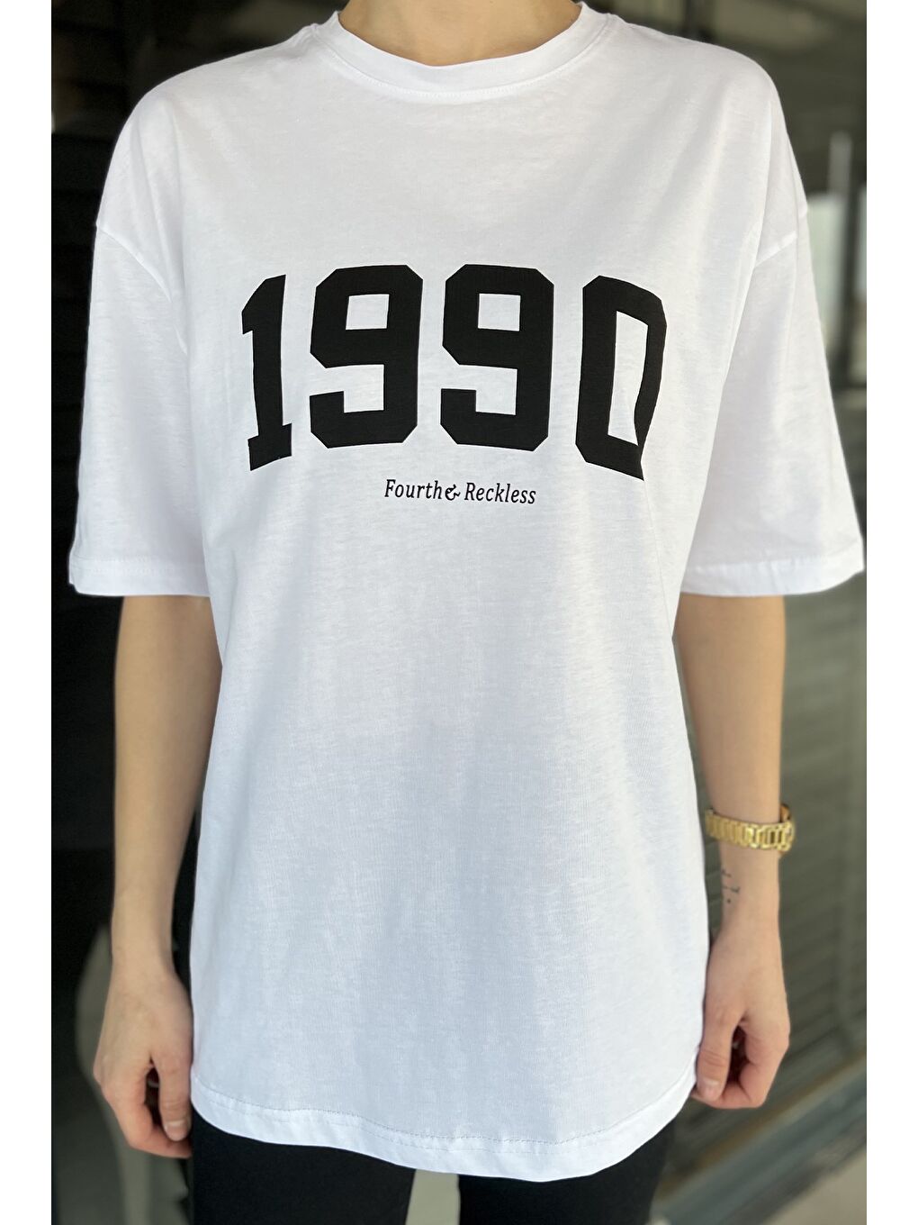 Beyaz Kadın Ön Baskılı Oversize Bisiklet Yaka Tişört-3