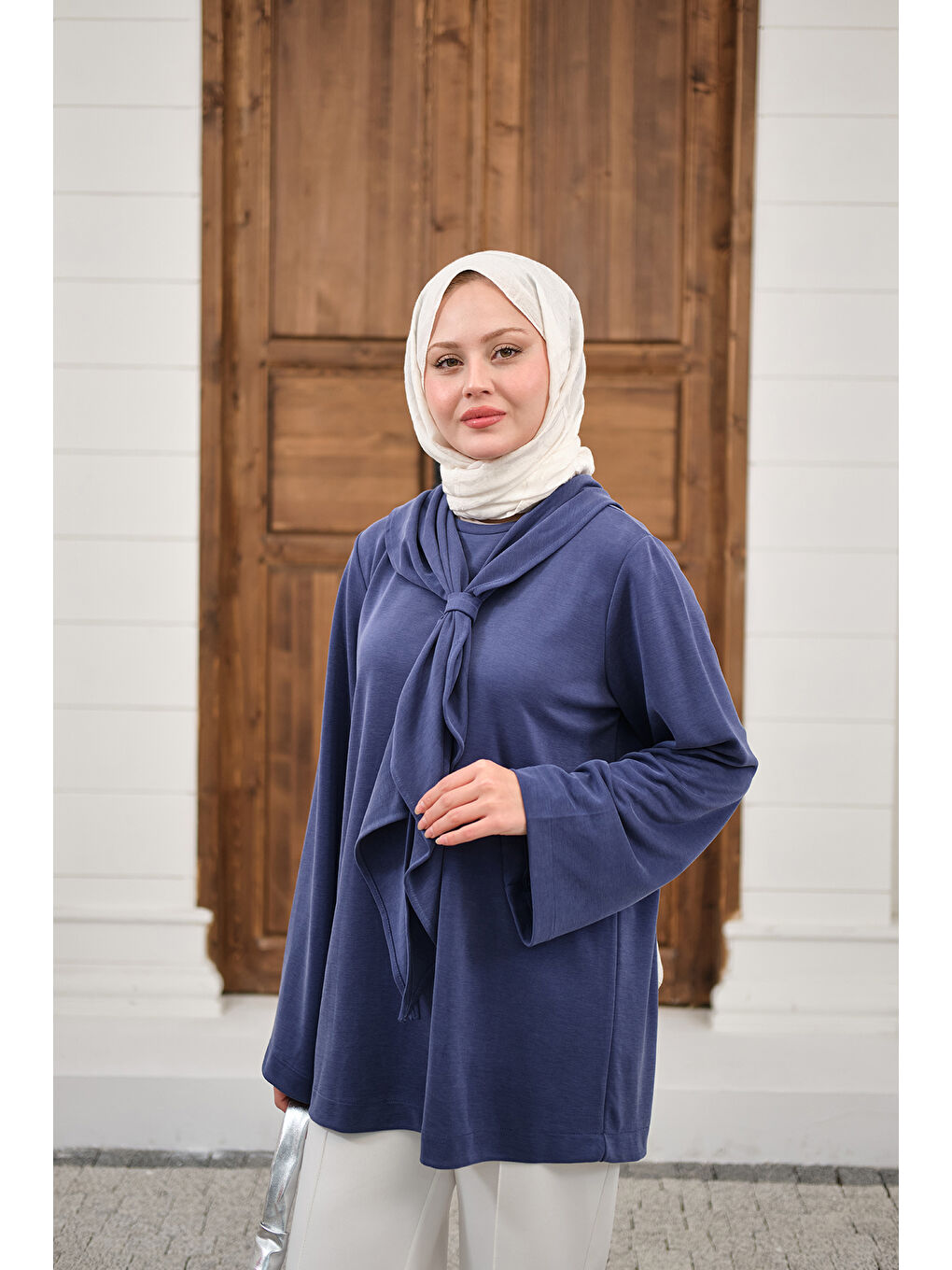 Kadın Yaka Pelerin Bağlamalı Bisiklet Yaka Tunik Lacivert-3