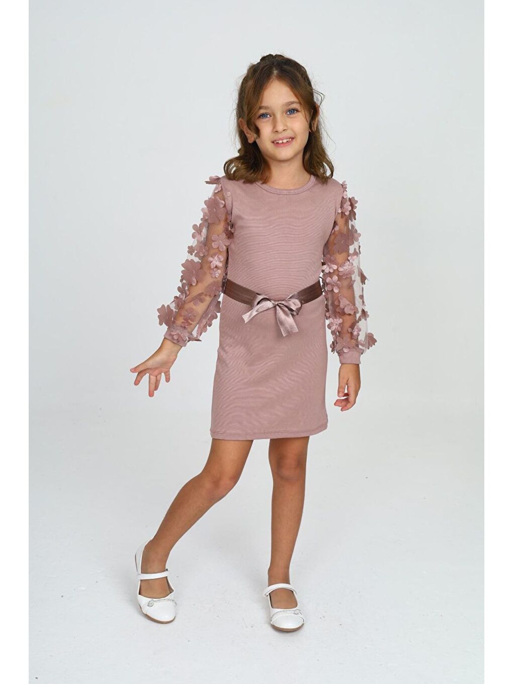 Pembe Belden Bağlamalı Tül Detaylı Çocuk Elbise Mykids Collection-4