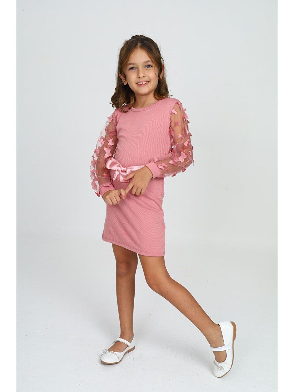Pembe Belden Bağlamalı Tül Detaylı Çocuk Elbise Mykids Collection-4