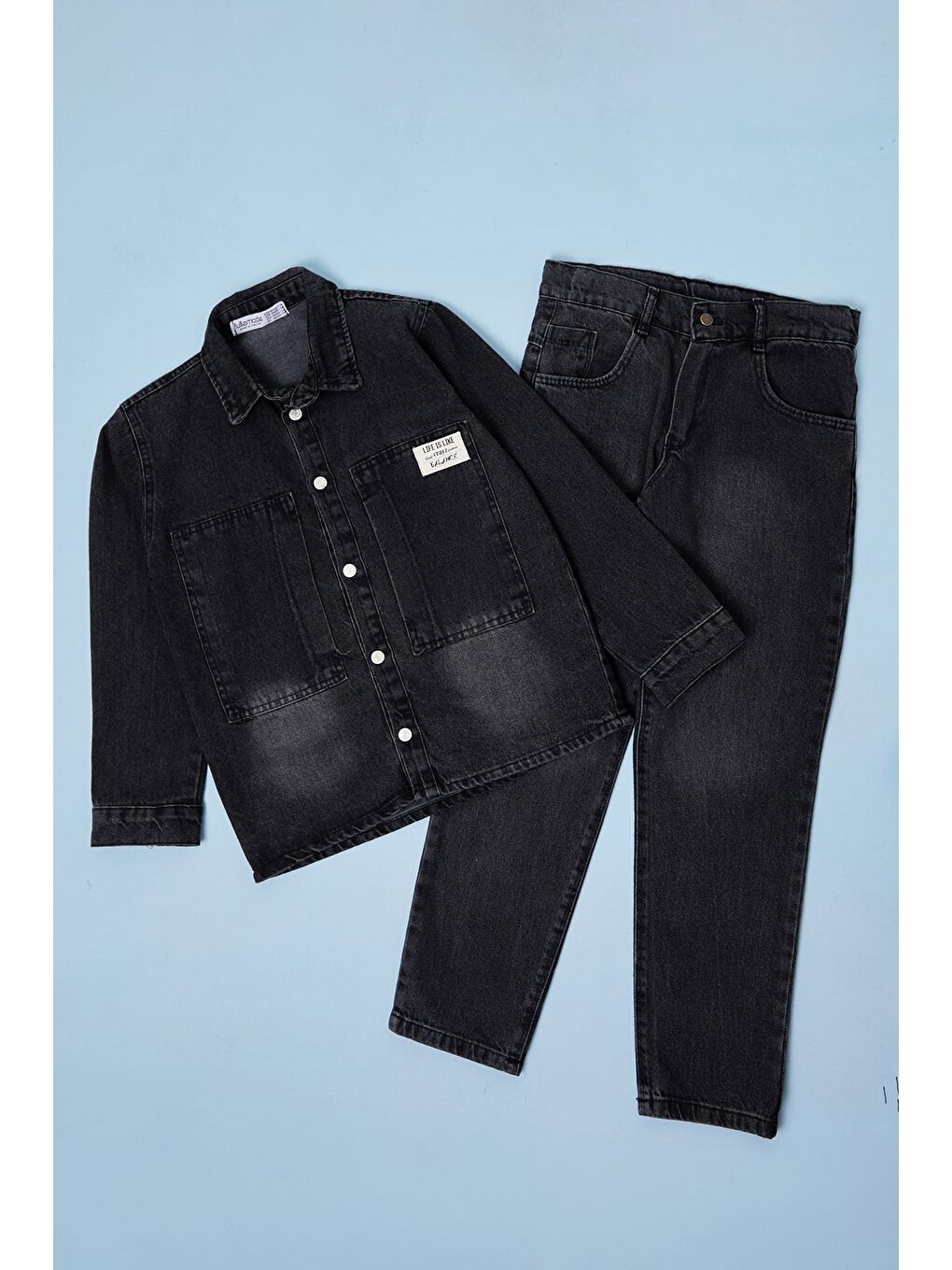 Siyah Düğmeli Polo Yaka  Erkek Çocuk Jean 3 Lü Takım-1