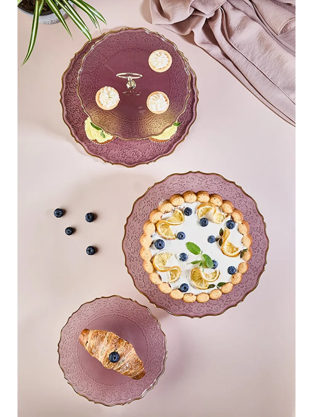 Goblen Mürdüm Renk 5 Parça Pasta/Tatlı Sunum ve Servis Seti-2