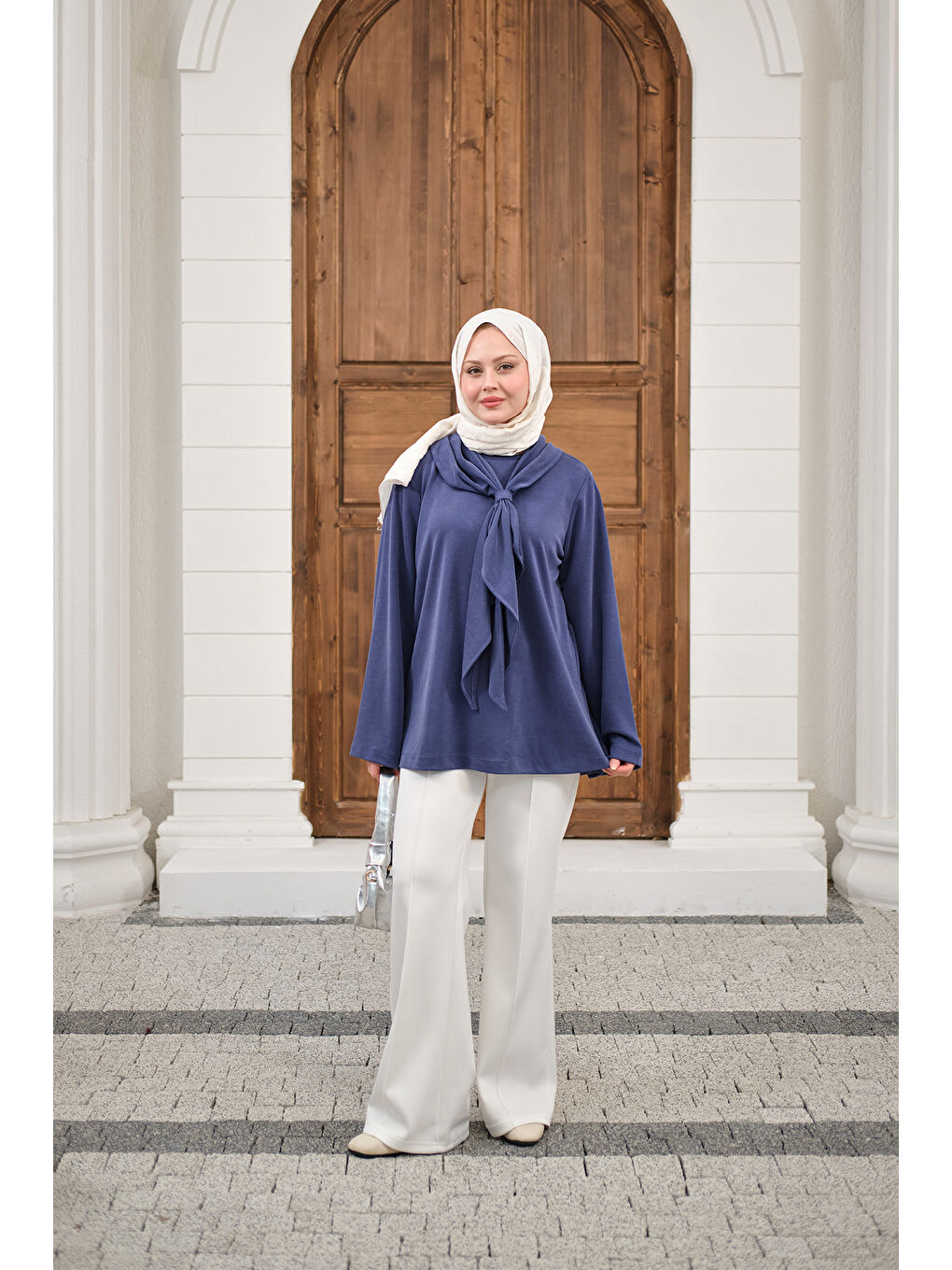 Kadın Yaka Pelerin Bağlamalı Bisiklet Yaka Tunik Lacivert-4