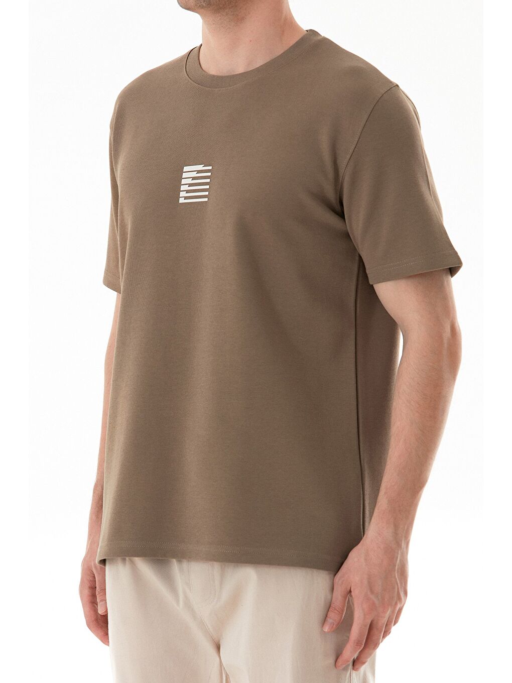 Bej Basic Kabartma Baskılı Kalın Penye Oversize Tişört-3