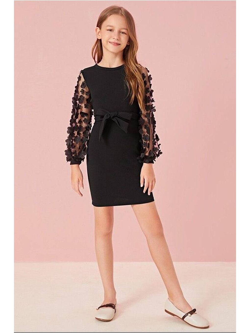 Siyah Belden Bağlamalı Tül Detaylı Çocuk Elbise Mykids Collection