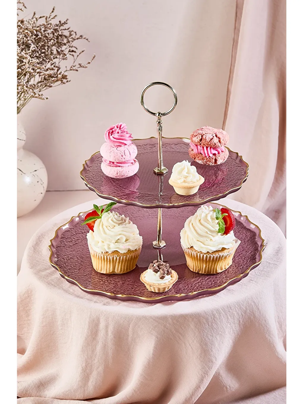 Goblen Mürdüm Renk 2 Katlı Pasta/Kurabiyelik/Şekerlik Sunum Standı-1