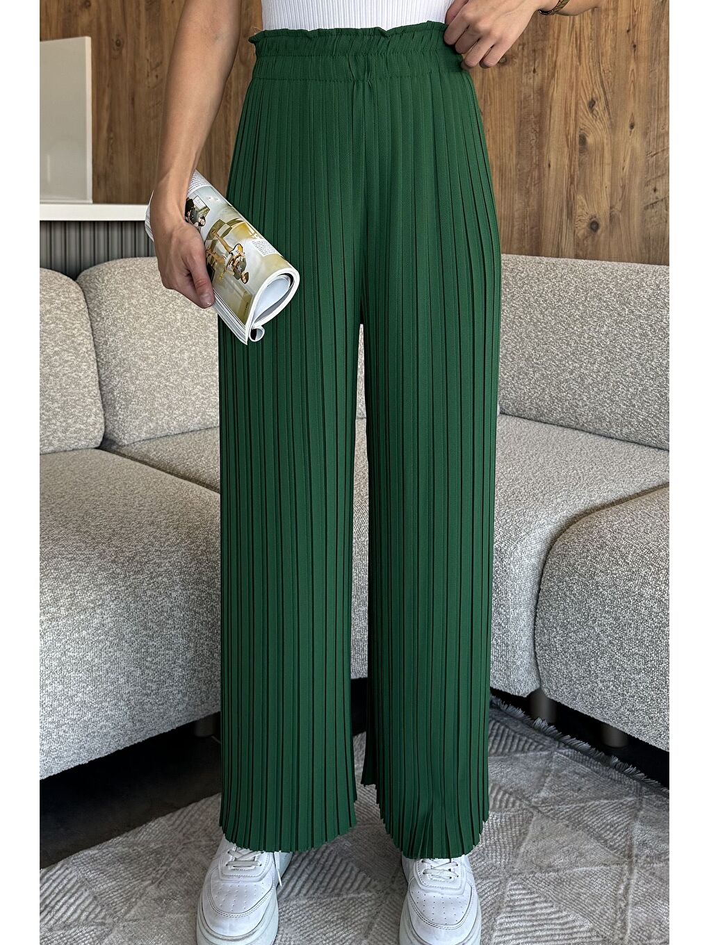 Yeşil Kadın Bel Lastikli Piliseli Bol Kesim Pantolon