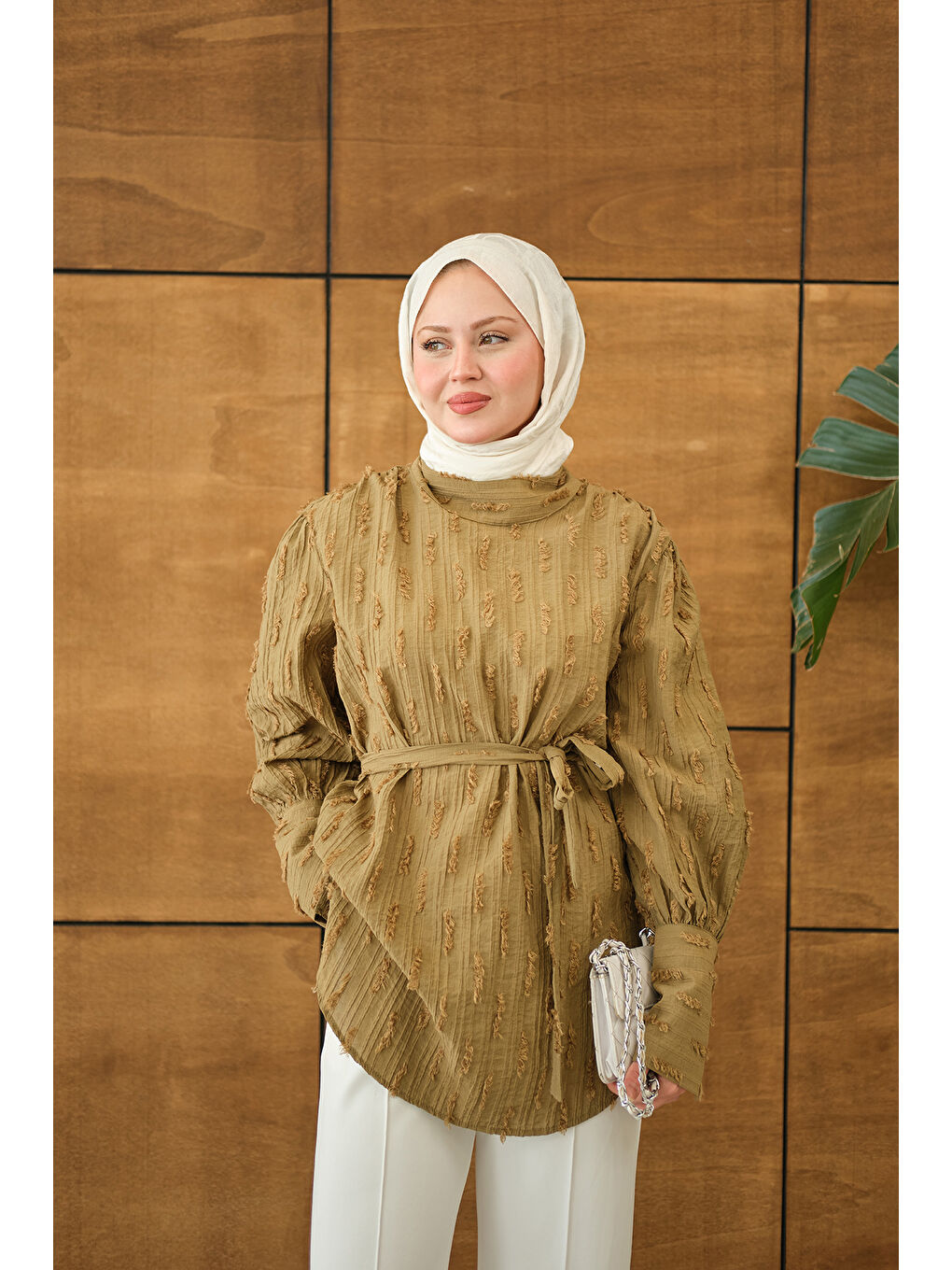 Kadın Kendinden Desenli Bel Bağlamalı Tunik Yağ Yeşil-1